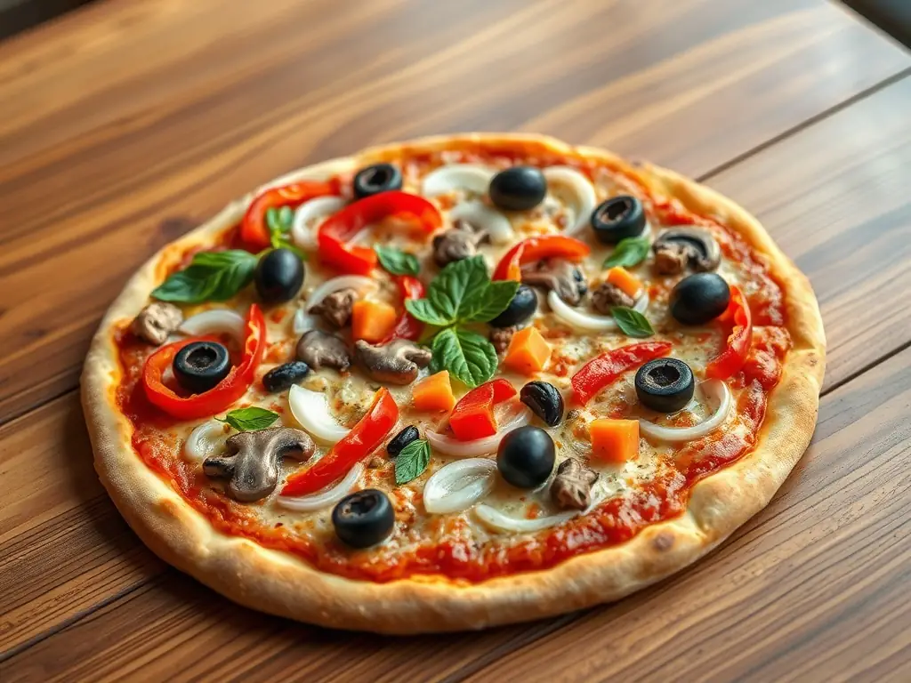 An enticing image of a Vegetarian pizza with a colorful assortment of fresh vegetables, including bell peppers, mushrooms, onions, and olives, showcasing the healthy and flavorful options available.