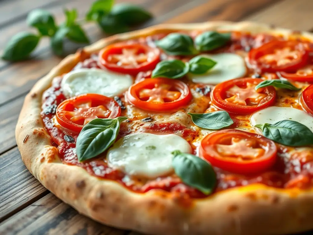 A vibrant, close-up shot of a Margherita pizza with fresh basil leaves, ripe tomatoes, and melted mozzarella cheese, showcasing the simplicity and freshness of the ingredients.